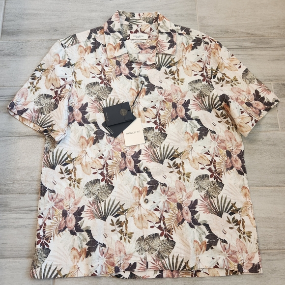 Bugatchi shirt S off white brown 100% fine linen Leaf Floral shaped fit new $185 - Picture 3 of 10